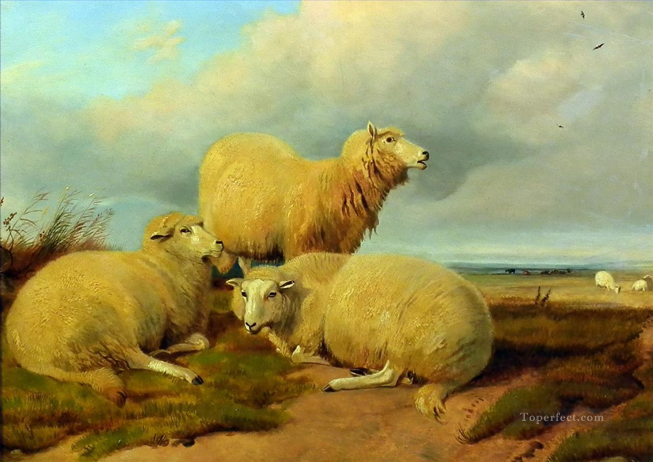 牧草地の羊油絵